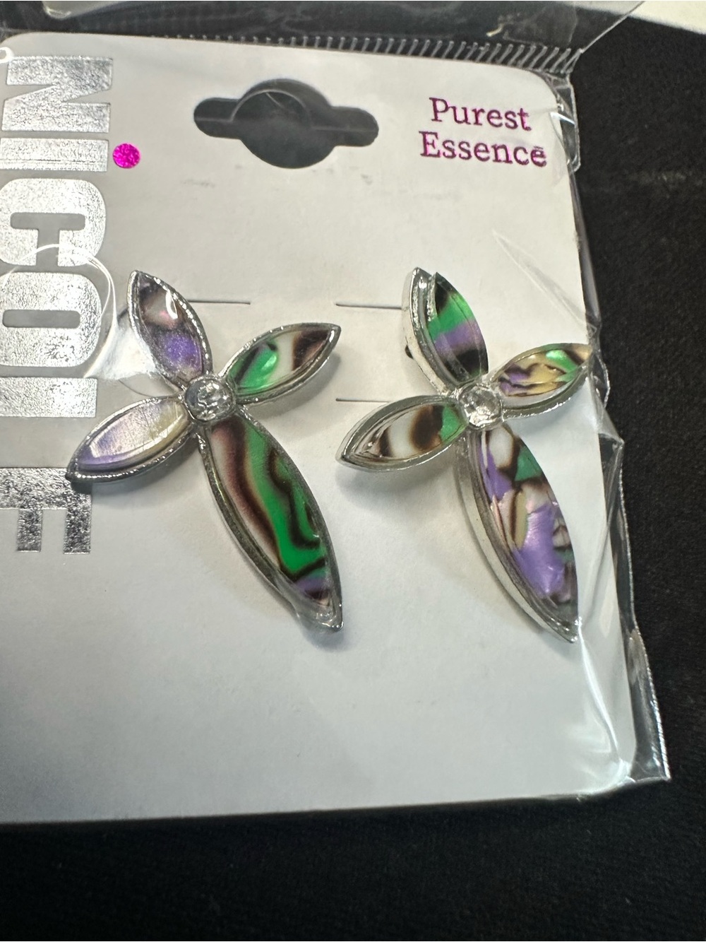 Green & Purple Floral Cross Drop Earrings posts